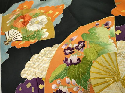 平和屋着物●京和工藝　友禅　黒留袖　駒刺繍　扇面草花文　金糸　金彩　正絹　逸品　AABE2784cs