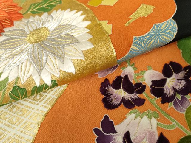 平和屋着物●京和工藝　友禅　黒留袖　駒刺繍　扇面草花文　金糸　金彩　正絹　逸品　AABE2784cs