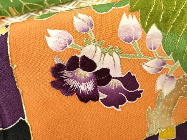 平和屋着物●京和工藝　友禅　黒留袖　駒刺繍　扇面草花文　金糸　金彩　正絹　逸品　AABE2784cs
