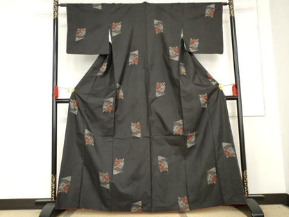 平和屋着物●本場大島紬　地空き　一元7マルキ　草花文　黒地　正絹　逸品　AABE2844cs