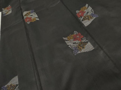 平和屋着物●本場大島紬　地空き　一元7マルキ　草花文　黒地　正絹　逸品　AABE2844cs