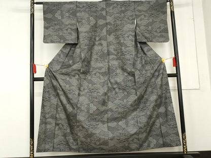 平和屋着物●本場大島紬　カタス9マルキ　風景花松文　黒地　正絹　逸品　AABE2871cs