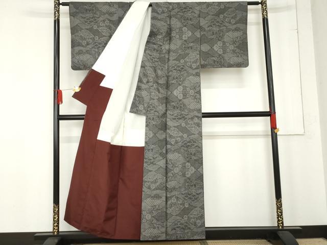 平和屋着物●本場大島紬　カタス9マルキ　風景花松文　黒地　正絹　逸品　AABE2871cs