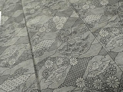 平和屋着物●本場大島紬　カタス9マルキ　風景花松文　黒地　正絹　逸品　AABE2871cs
