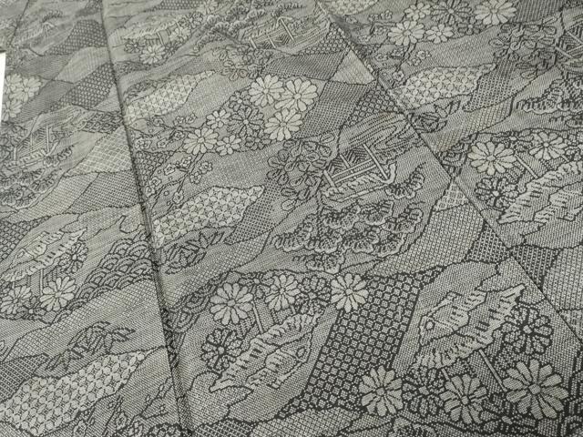 平和屋着物●本場大島紬　カタス9マルキ　風景花松文　黒地　正絹　逸品　AABE2871cs
