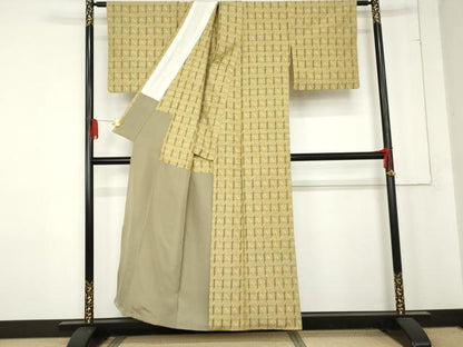 平和屋着物●上質な紬 変わり格子 胴抜き仕立て 正絹 逸品 AABE2887cs