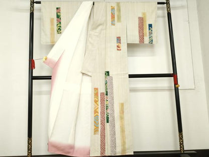 平和屋着物●訪問着　紬地　絞り　短冊更紗花文　金彩　正絹　逸品　未使用　AABE2893cs