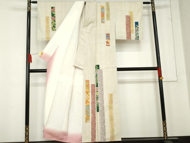 平和屋着物●訪問着　紬地　絞り　短冊更紗花文　金彩　正絹　逸品　未使用　AABE2893cs