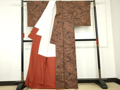 平和屋着物●上質な紬　手描き　花鳥文　正絹　逸品　AABE2903cs