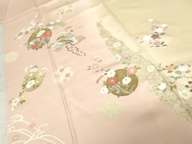 平和屋着物●訪問着　駒刺繍　雪輪地紙花文　金彩　正絹　逸品　AABE0261ck 平和屋着物○訪問着 駒刺繍 雪輪地紙花丸文 暈し染め