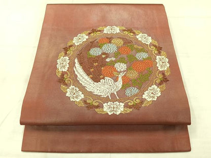 平和屋着物◎九寸開き名古屋帯　唐織　孔雀花丸文　金糸　正絹　逸品　AABE2921uk