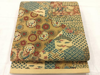 平和屋着物◎六通柄袋帯　紬地　切嵌　吉祥花文　正絹　逸品　AABE2984uk