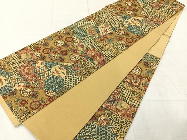 平和屋着物◎六通柄袋帯　紬地　切嵌　吉祥花文　正絹　逸品　AABE2984uk