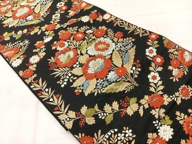 平和屋着物◎六通柄 京本袋帯 唐織 草花文 黒地 金糸 正絹