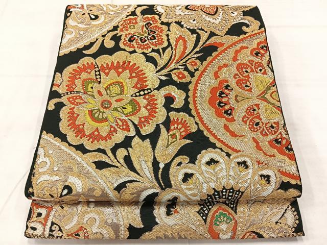 平和屋着物◎六通柄　本袋帯　更紗花文　黒地　金糸　正絹　逸品　AABE2987uk