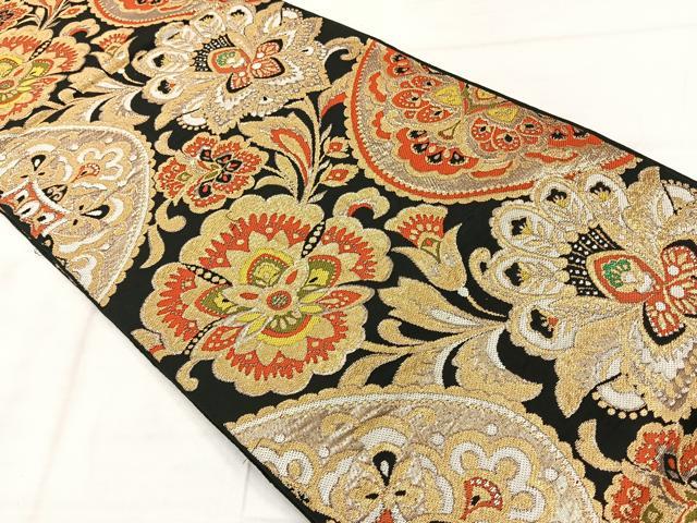 平和屋着物◎六通柄　本袋帯　更紗花文　黒地　金糸　正絹　逸品　AABE2987uk