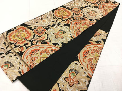 平和屋着物◎六通柄　本袋帯　更紗花文　黒地　金糸　正絹　逸品　AABE2987uk