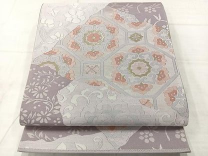 平和屋着物◎六通柄袋帯　切嵌花文　金糸　正絹　逸品　AABE3015uk