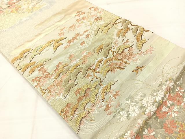平和屋着物◎六通柄袋帯　唐織　エ霞風景花文　金糸　正絹　逸品　AABE3016uk
