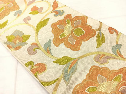 平和屋着物◎六通柄袋帯　更紗花文　金糸　正絹　逸品　AABE3021uk