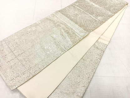 平和屋着物◎六通柄袋帯　蜀江花文　銀糸　正絹　逸品　AABE3023uk