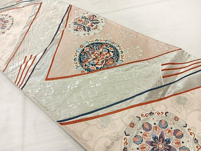 平和屋着物◎六通柄袋帯　唐織　花丸文　銀糸　正絹　逸品　AABE3033uk