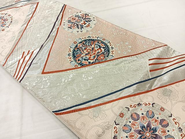平和屋着物◎六通柄袋帯　唐織　花丸文　銀糸　正絹　逸品　AABE3033uk