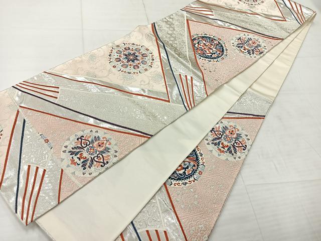 平和屋着物◎六通柄袋帯　唐織　花丸文　銀糸　正絹　逸品　AABE3033uk