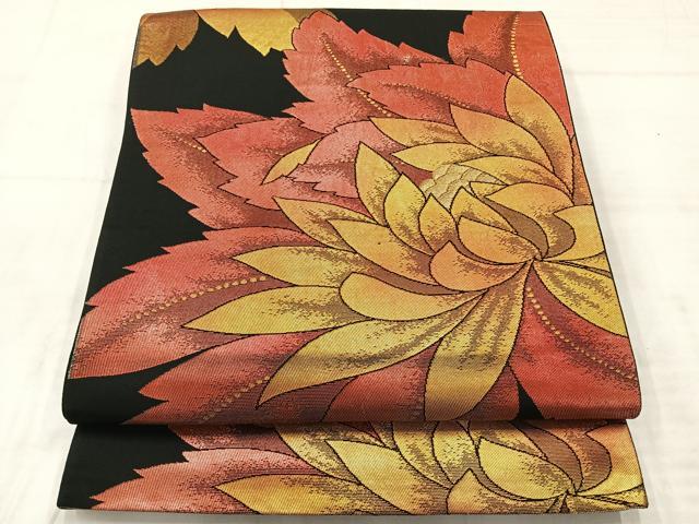 平和屋着物◎六通柄袋帯　洋花文　黒地　金糸　正絹　逸品　AABE3035uk