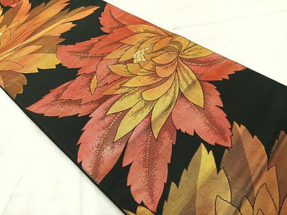 平和屋着物◎六通柄袋帯　洋花文　黒地　金糸　正絹　逸品　AABE3035uk