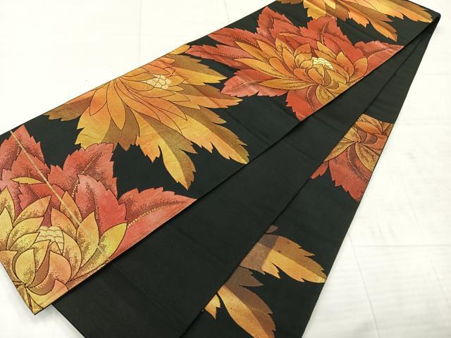 平和屋着物◎六通柄袋帯　洋花文　黒地　金糸　正絹　逸品　AABE3035uk