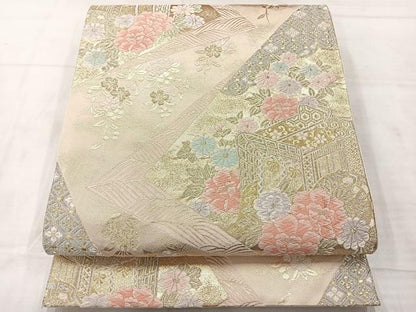 平和屋着物◎六通柄袋帯 切嵌御所車花文 金糸 正絹 逸品 AABE3042uk