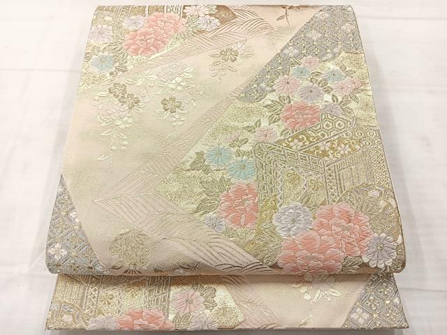 平和屋着物◎六通柄袋帯 切嵌御所車花文 金糸 正絹 逸品 AABE3042uk