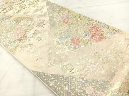 平和屋着物◎六通柄袋帯 切嵌御所車花文 金糸 正絹 逸品 AABE3042uk