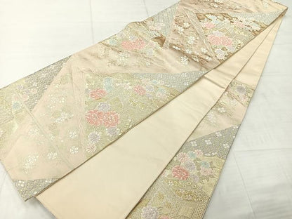 平和屋着物◎六通柄袋帯 切嵌御所車花文 金糸 正絹 逸品 AABE3042uk