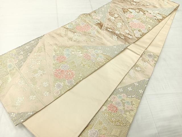 平和屋着物◎六通柄袋帯 切嵌御所車花文 金糸 正絹 逸品 AABE3042uk
