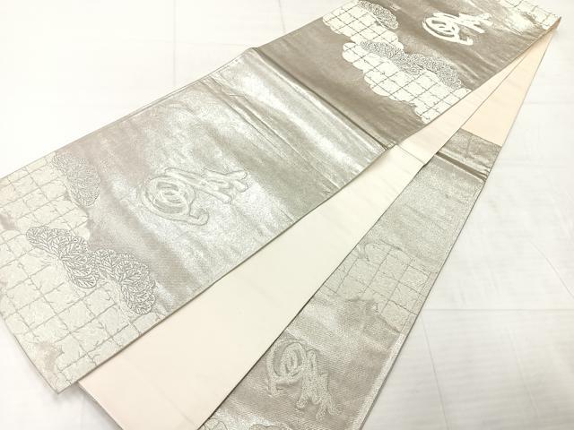 平和屋着物◎六通柄袋帯 雲取り文字文 銀糸 正絹 逸品 AABE3047uk