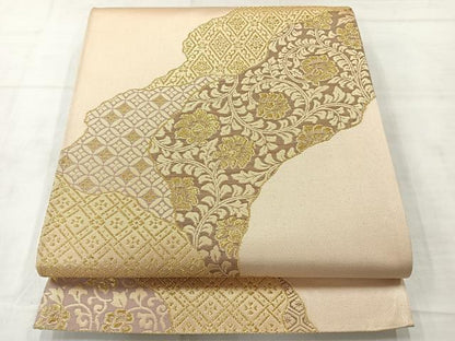 平和屋着物◎六通柄袋帯 道長花文 金糸 正絹 逸品 AABE3054uk