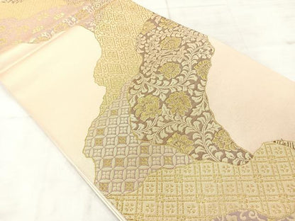平和屋着物◎六通柄袋帯 道長花文 金糸 正絹 逸品 AABE3054uk
