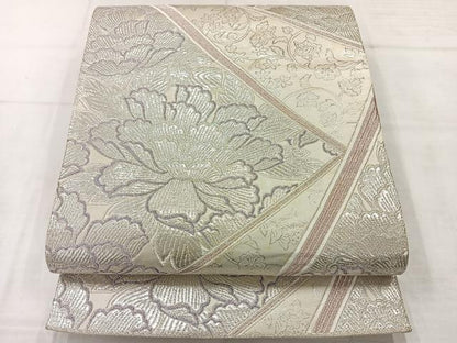 平和屋着物◎六通柄袋帯 更紗花文 銀糸 正絹 逸品 AABE3055uk