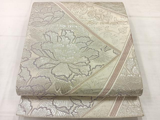 平和屋着物◎六通柄袋帯 更紗花文 銀糸 正絹 逸品 AABE3055uk