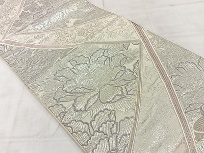 平和屋着物◎六通柄袋帯 更紗花文 銀糸 正絹 逸品 AABE3055uk