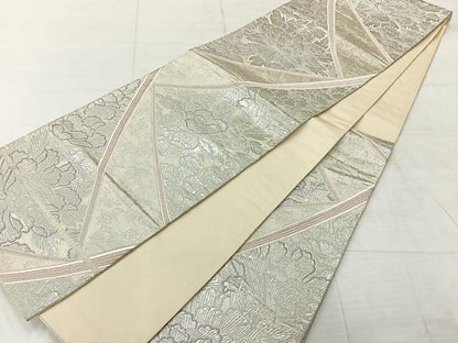 平和屋着物◎六通柄袋帯 更紗花文 銀糸 正絹 逸品 AABE3055uk
