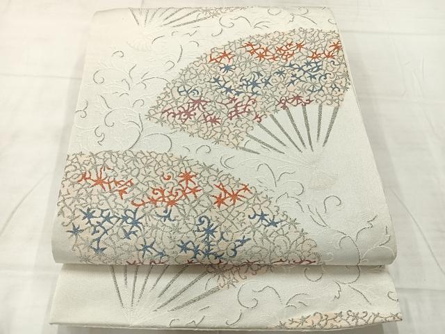 平和屋着物◎六通柄袋帯 扇面花文 銀糸 AABE3057uk