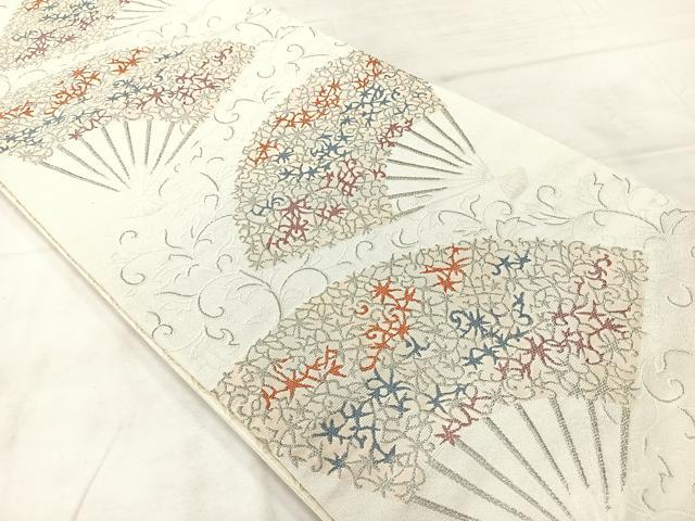 平和屋着物◎六通柄袋帯 扇面花文 銀糸 AABE3057uk