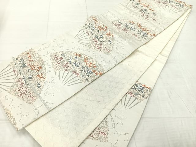 平和屋着物◎六通柄袋帯 扇面花文 銀糸 AABE3057uk