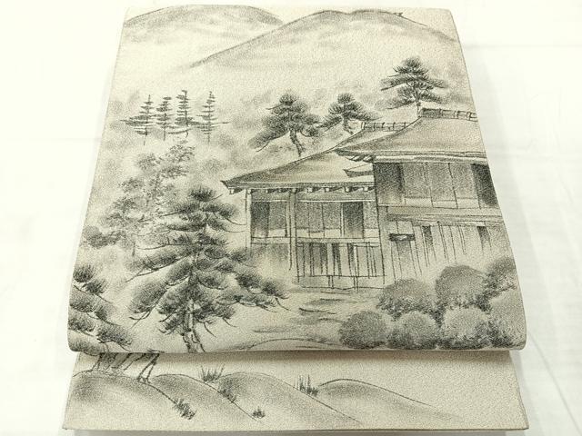平和屋着物◎綴れ 太鼓柄袋帯 作家物 手描き 風景文 銀糸 正絹 逸品 AABE3067uk