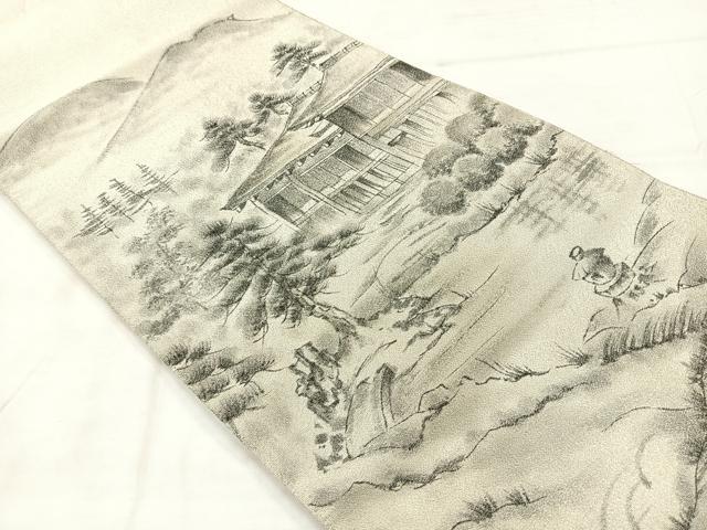 平和屋着物◎綴れ 太鼓柄袋帯 作家物 手描き 風景文 銀糸 正絹 逸品 AABE3067uk