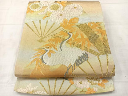 平和屋着物◎六通柄袋帯　唐織　扇面花鳥文　鶴　金銀糸　正絹　逸品　AABE3072uk