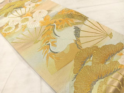 平和屋着物◎六通柄袋帯　唐織　扇面花鳥文　鶴　金銀糸　正絹　逸品　AABE3072uk